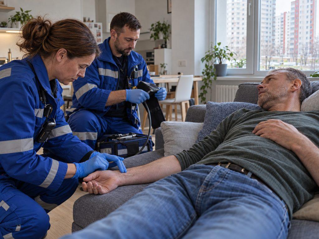 Бригада скорой помощи осматривает пациента с подозрением на внутреннее кровотечение
