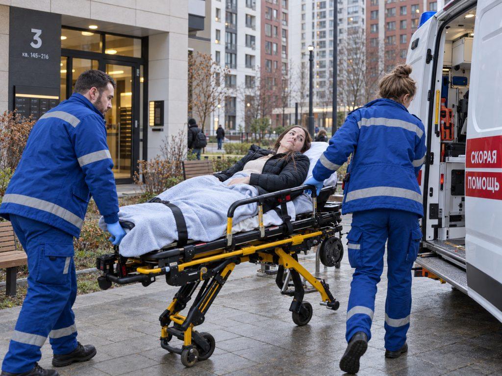Бригада скорой помощи транспортирует пациентку на носилках в машину